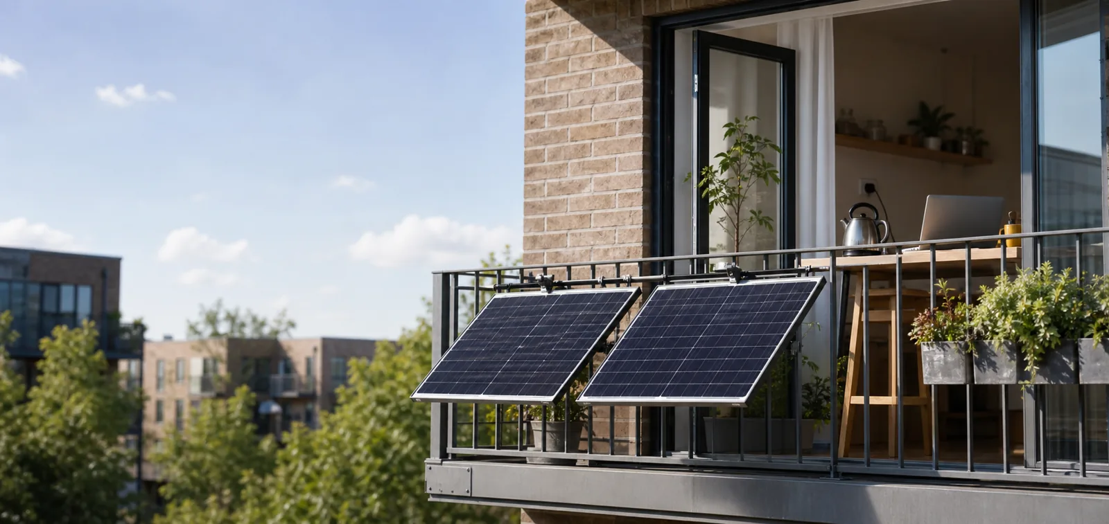 Balcony with compact plug-in solar panels on a UK flat